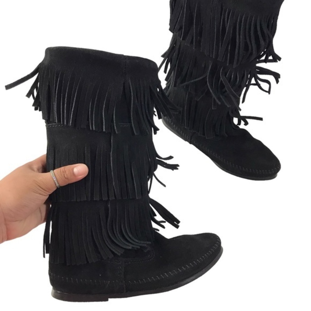 Minnetonka 3 Layer Fringe Moccasin Boot Womens Size 8 Suede Boho Western 1639